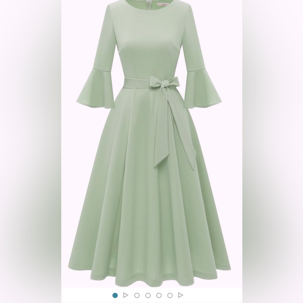 HomRain Elegant Bell Sleeve Light Sage Cocktail Fit and Flare Midi Dress, Sz 2XL